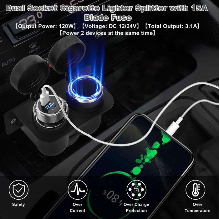 Black - Car Socket with Blade Fuse 2-Socket Splitter 12V Lighter Power Outlet Replacement Waterproof