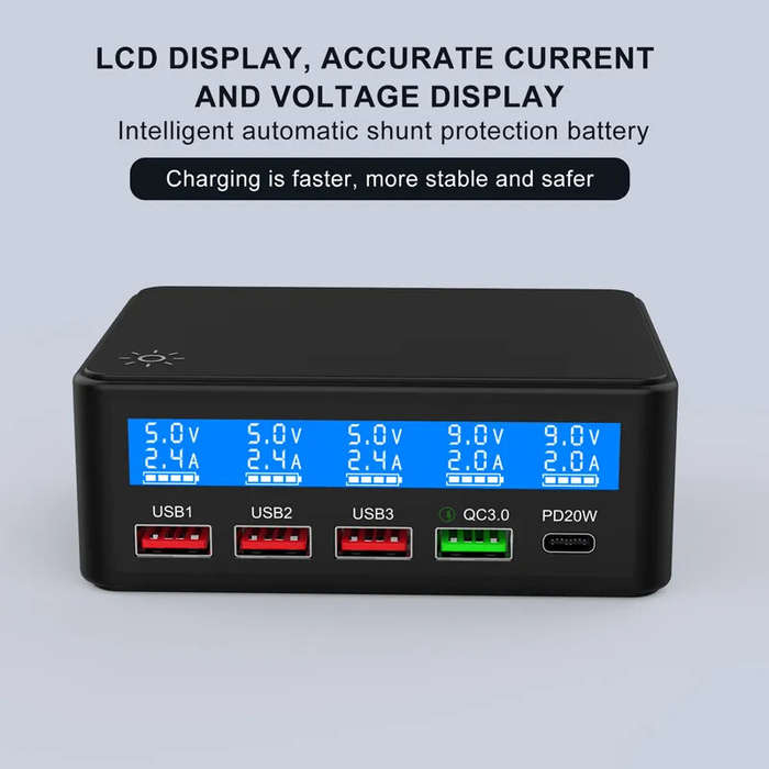 Black & EU Plug - 65W 5-Port USB PD Charger 4USB-A+USB-C PD QC3.0 Fast Charging Desktop Charging Sta