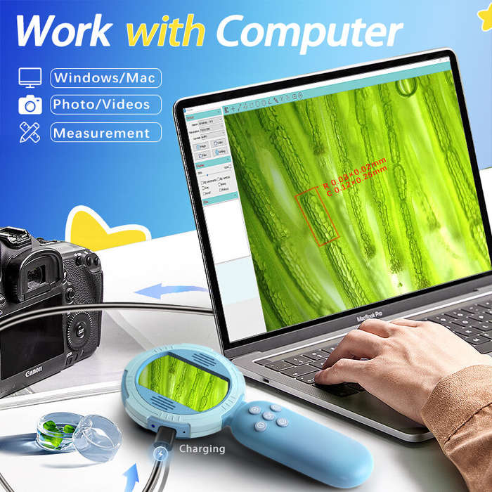 Blue - HM020C Handheld Digital Microscope HD IPS 2.0 Screen 8 LED Adjustable Lights Type-C Interface
