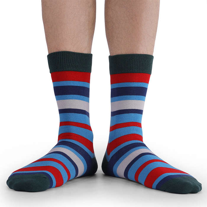 #01 - 5Pairs Colorful Striped Men Long Socks Fun Novelty Cotton Dress Socks Comfy Breathable Crew So