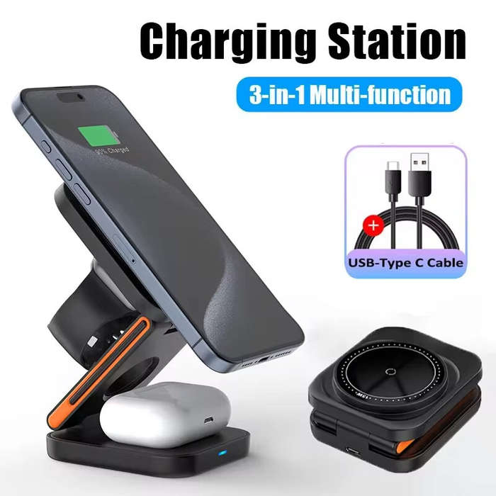 Black - Bakeey 3-in-1 30W Foldable Wireless Charger Fast Magnetic Wireless Charging Stand for Smart