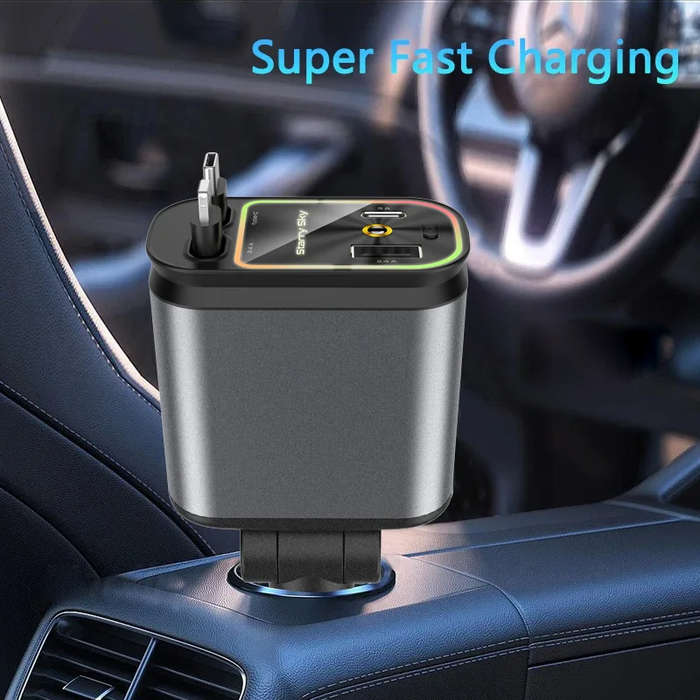 .A - 120W 4 in 1 Fast Charging Car Charger Retractable USB Charger with Ambient Light and 2 USB Port