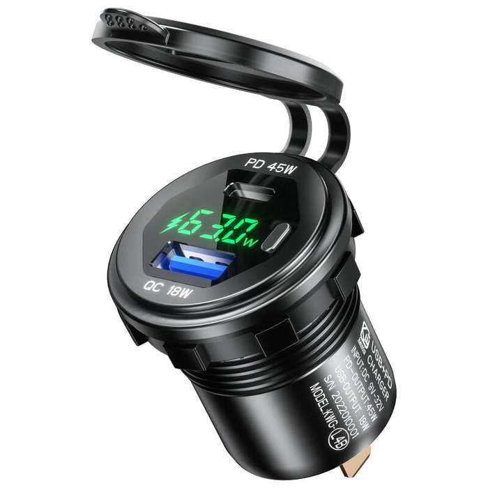 Blue Light - 12-24V 63W Metal Car Charger Socket 45W PD + 18W QC3.0 with LED Voltage/Power Display O