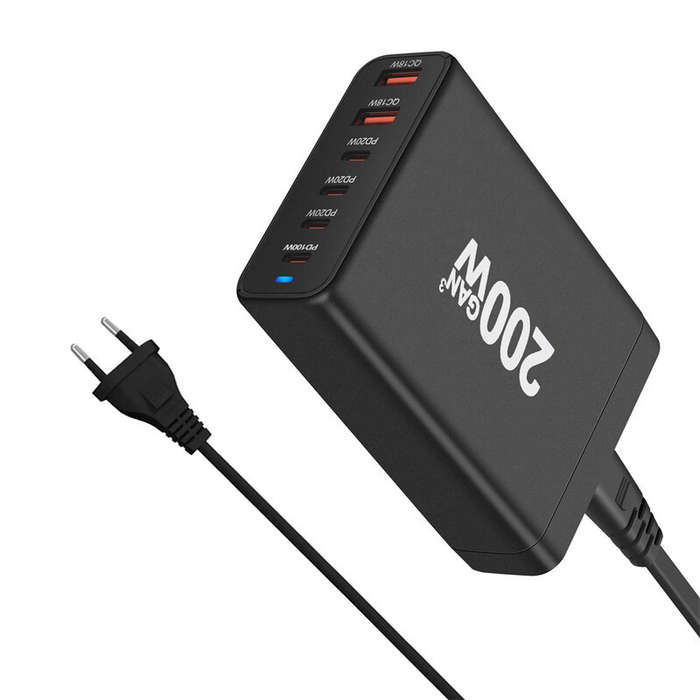 EU Plug - [GaN Tech] 200W 6-Port USB PD Charger 2USB-A+4USB-C Fast Charging Desktop Charging Station
