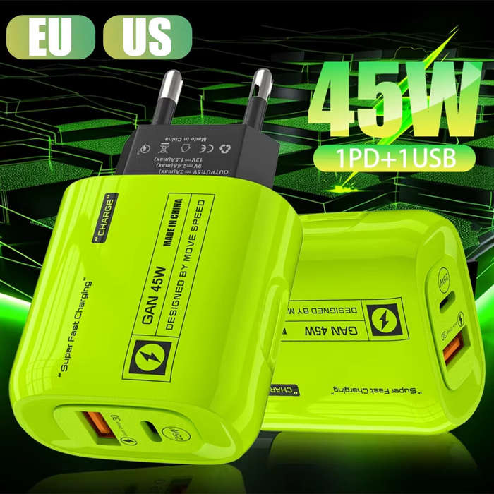 Yellow & US Plug - [GaN Tech] APD-555 45W 2-Port USB PD Charger USB-A+USB-C PD Fast Charging Wall Ch