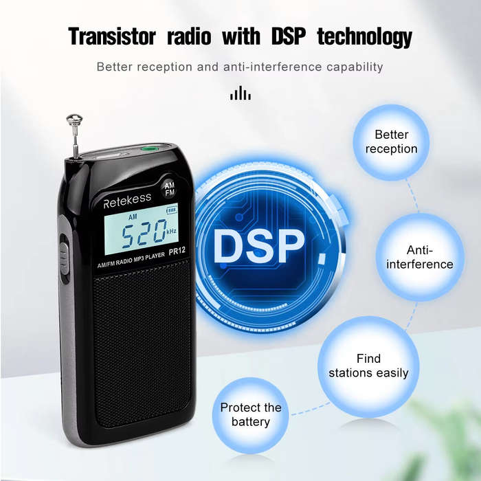 Black - RETEKES PR12 Portable Radio FM AM Mini Pocket USB Radio MP3 Portable Receiver Backlit LCD Di