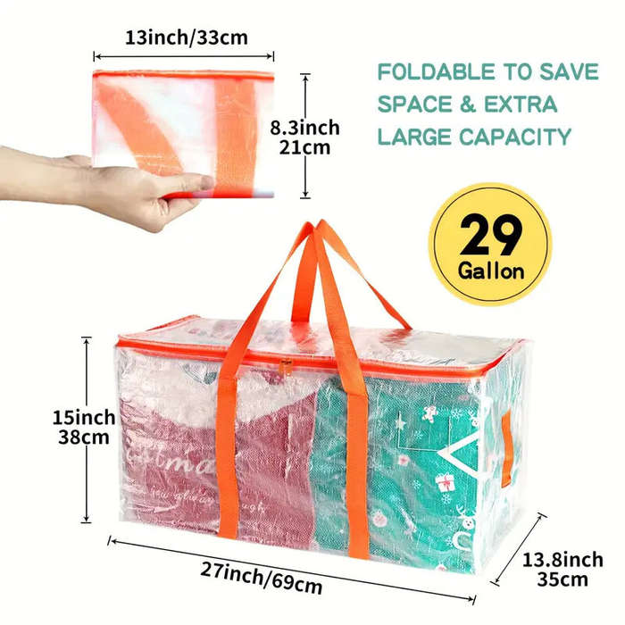 3pcs Extra Large 92L Heavy Duty Clear Moving Bags with Fixed Shoulder Strap Zipper Closure Foldable