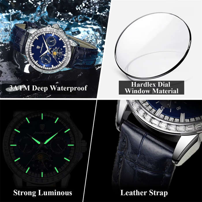 Blue - POEDAGAR Business Men Watch Luxury Rhinestone Leather Wristwatch Luminous Waterproof Calendar