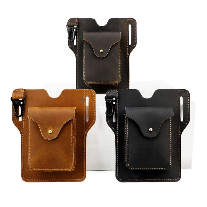 Coffee - Ekphero Retro Men's Waist Bag Genuine Leather Belt Bag Key Waist Work Pocket Phone Bag for