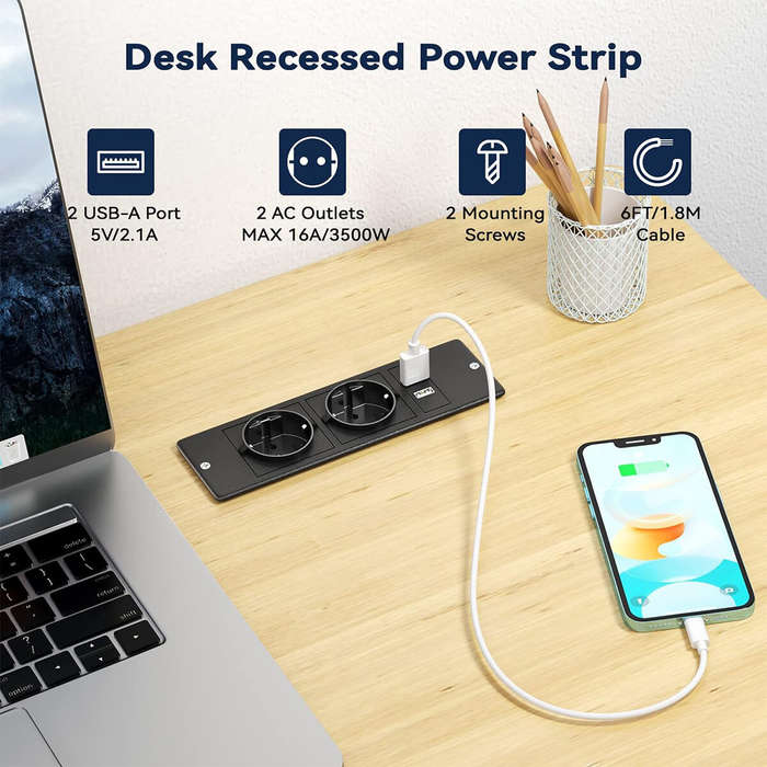 White - Table Socket with 2 USB 2 Sockets Built-in Socket 2-Way Installation Power Strip with 2 Scre