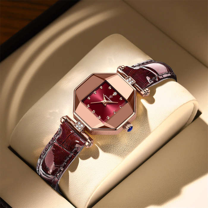 Red - POEDAGAR Women Watches Fashion Luxury Rhinestones Quartz Watch Polygon Pointer Waterproof Ladi