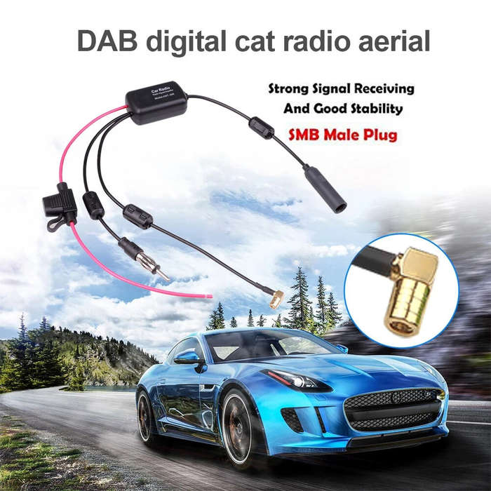 Black - DAB+FM+Car Stereo Antenna Aerial Splitter Cable Adapter 12V Radio Signal Amplifier Antenna S