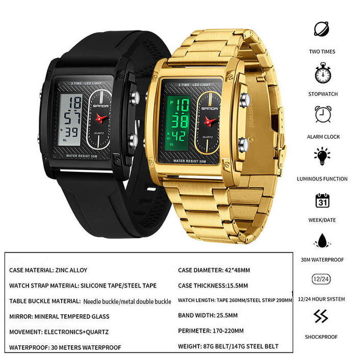 Black - SANDA Men's Sport Dual Display Digital Watch Waterproof Luminous Multi-function Chronograph