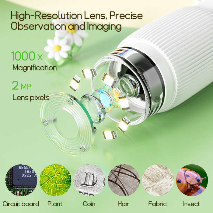 White - 1000X Portable Kid's Microscope 2 MP Camera 2.0 Inch IPS Screen 8 LEDs Rechargeable Battery