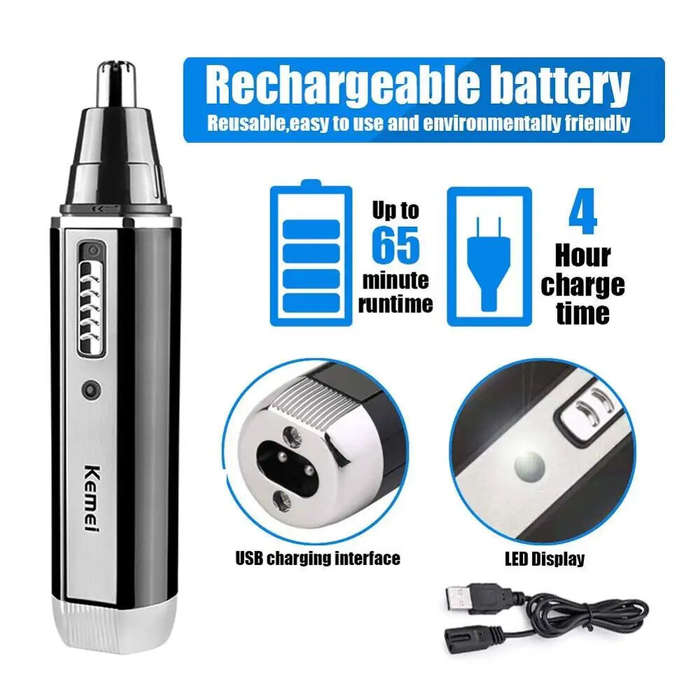 USB - Kemei 4-in-1 Nose Ear Hair Trimmer with High-Quality Stainless Steel Blades Washable and Repla