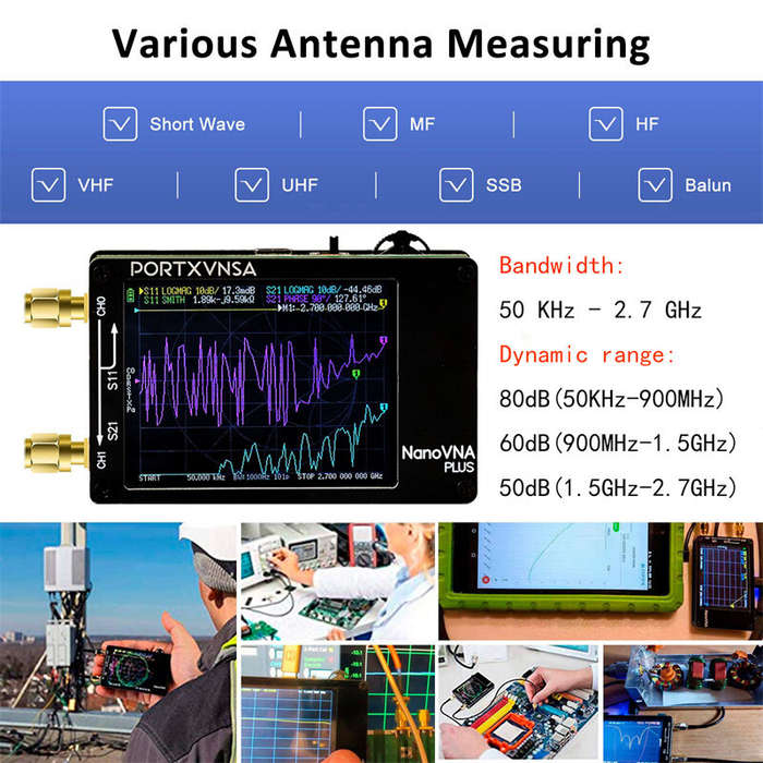 Black - PORTXVNSA NanoVNA Plus 50KHz-2.7GHz Vector Network Analyzer 80dB Dynamic Range Touch Screen