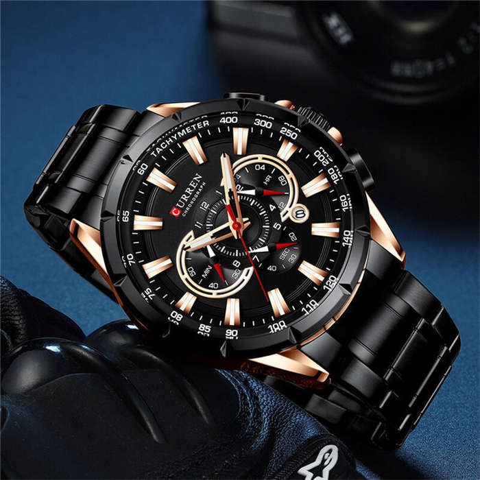 Black+Gold - CURREN Men Watch Chronograph Quartz Wristwatch Waterproof Stainless Steel Sports Watche