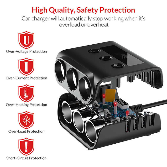 Black - 120W 3Socket Car Charger Adapter 4USB Car 12V/24V Car Socket Splitter with Voltage Monitor D