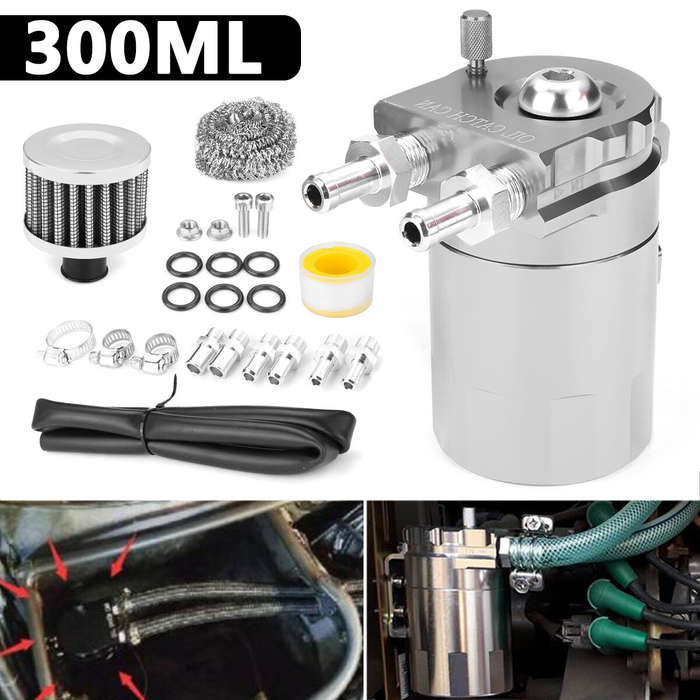 Silver - 300ML Oil Catch Can Kit Universal Gas Recovery Pot Reservoir Tank Air Filter