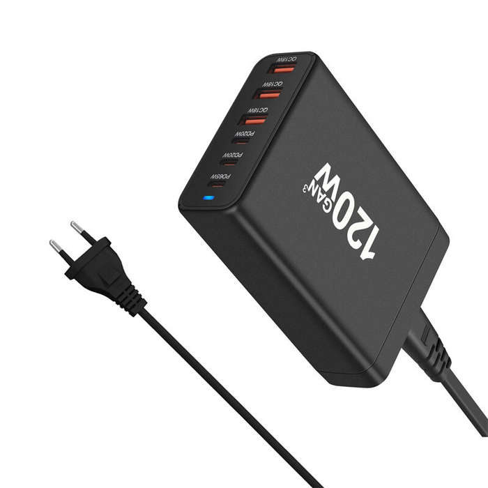EU Plug - [GaN Tech] 120W 6-Port USB PD Charger 3USB-A+3USB-C Fast Charging Desktop Charging Station