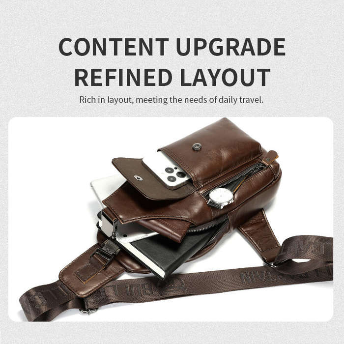 Coffee - BULLCAPTAIN 8-inch Genuine Leather Chest Bag Retro Large Capacity Mens Crossbody Bag Fashio