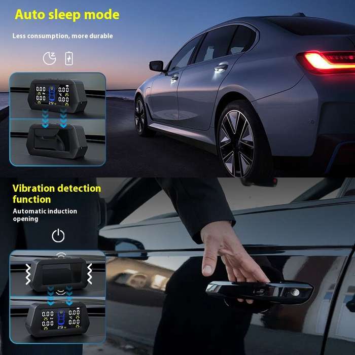 1 - Solar Powered Tire Pressure Monitoring System Car TPMS With 4 External Sensors 6 Alarm Functions