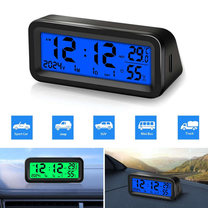 Green - Solar Car Digital Clock Date Week Temperature Humidity LCD Backlit Display for Dashboard Car