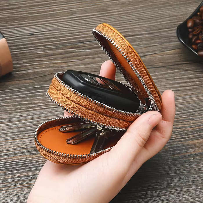 Coffee - Ekphero Men Genuine Leather Mini Car Key Case Minimalist Zipper Key Holder Storage Bag for