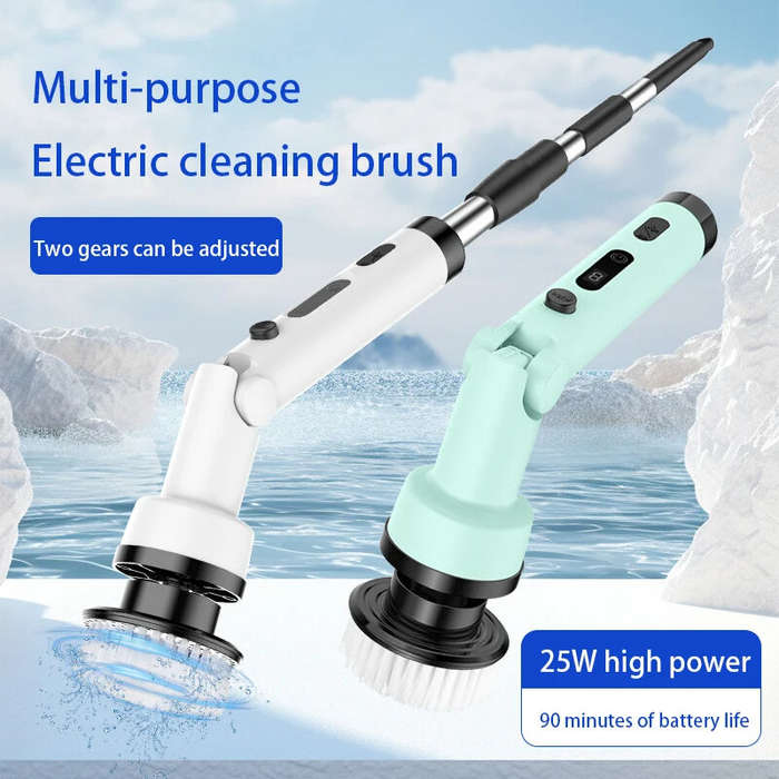 White - Foldable Rotating Cordless Long Handle Electric Cleaning Brush with 9 Heads Long Handle Elec