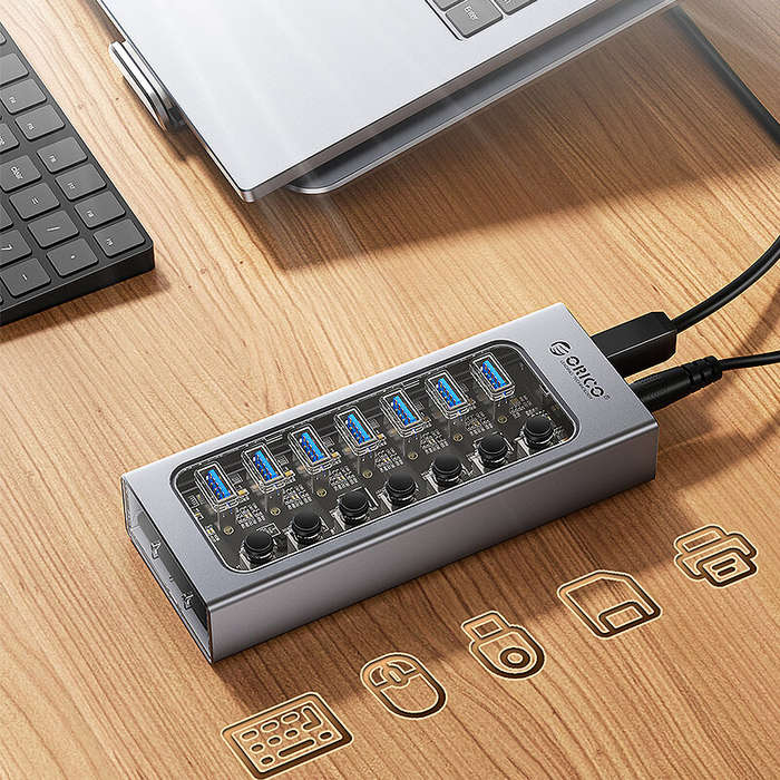 Grey - ORICO AT2U3 7-in-1 5Gbps USB 3.0 Hub Docking Station with Independent Power Switch 7xUSB-A Sp