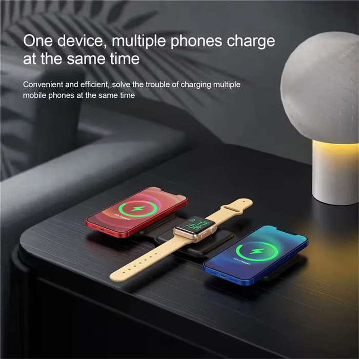 White - 3-in-1 Magnetic Wireless Charger Foldable Design 15W Fast Charging Multi-Device Compatibilit