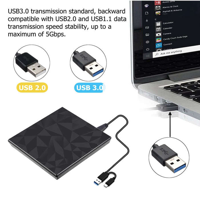 Mechzone Portable USB3.0 Type-C Optical Drives Black Tray Type External DVD-RW Max.24X High-speed Da