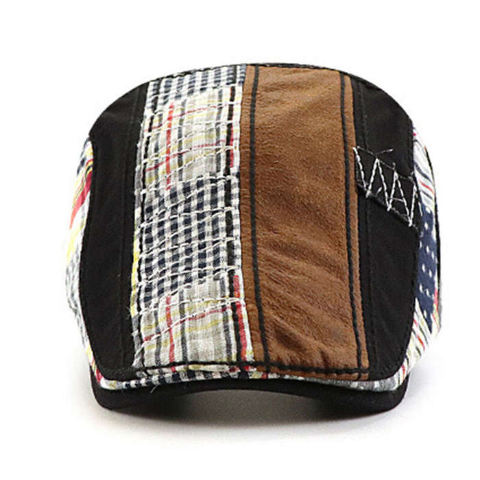 Black - Collrown British Style Men's Beret Cap with Stitching Plaid Pattern Vintage Peaked Cap for A