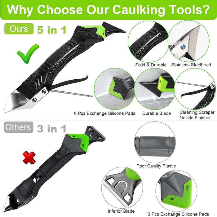 Green - Caulking Tool 5 in 1 Silicone Caulking Grout Removal Sealant Finishing Tool with Grout Scrap