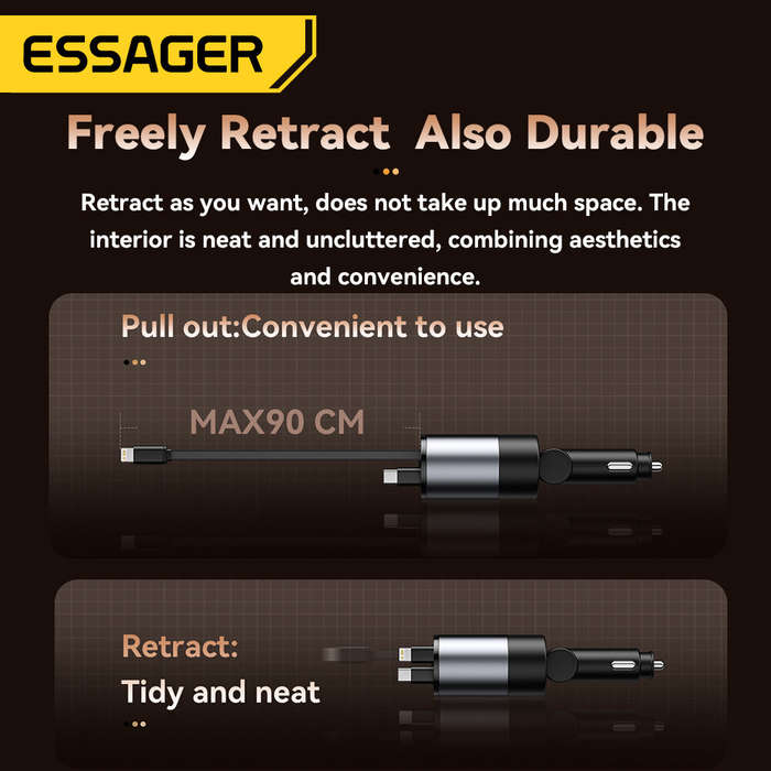 Grey - ESSAGER SHE-6001 45W Dual Retractable Cable Car Charger Adapter with USB-A+Type-C Port Suppor