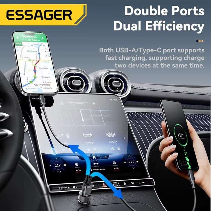 Black - ESSAGER ES-CC21 45W 2-Port USB PD Car Charger Adapter USB-A+Type-C PD3.0 QC3.0 Support FCP A