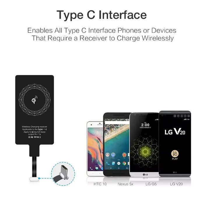 Type-C - Wireless Charger Receiver Paster Type-C Interface Fast Wireless Charging Adapter for iPhone