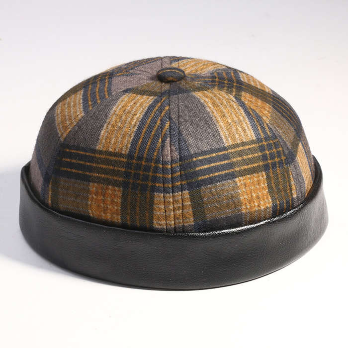 Collrown Unisex Patchwork Color Plaids Pattern Casual Retro Brimless Beanie Landlord Hat Skull Hat