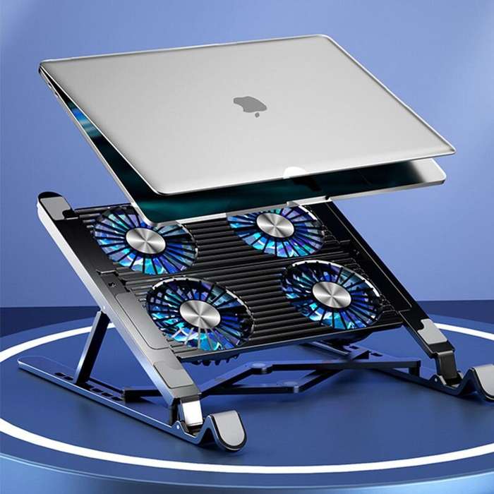 Silver - Foldable Alloy Laptop Stand with RGB Lights Silent 4-Fan Design for Portable Gaming Noteboo