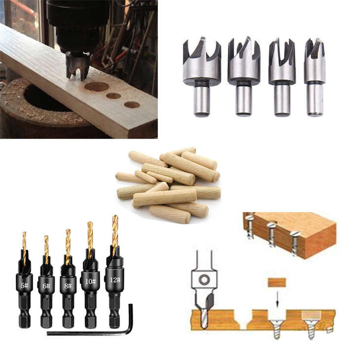 A - 14pcs Wood Plug Cutter Drill Cutting Tool Drill Bit Set Straight And Tapered Taper Woodworking C