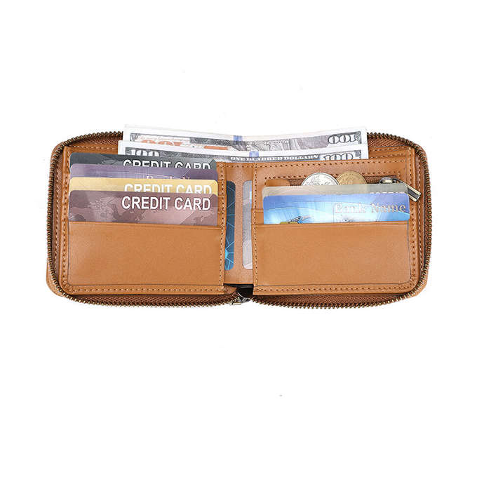 Yellow/Brown - BULLCAPTAIN Retro Solid Cowhide Leather Zipper Men's Wallet Two-fold Money Clip RFID