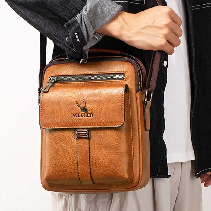 Dark Brown - WEIXIER PU Leather Men's Messenger Bag Trend Retro Business Men's Shoulder Bag Waterpro