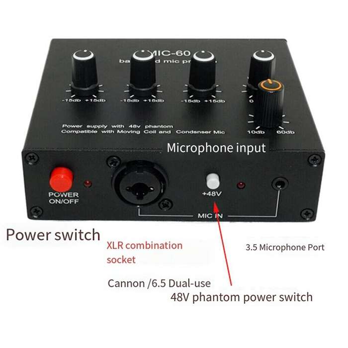 #C - MIC-60 Balanced Mic Preamplifier Condenser Moving Coil Microphone Amplifier 48V Phantom Power 6