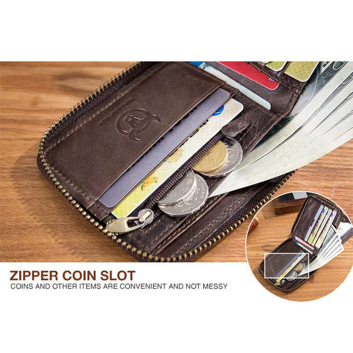 Yellow/Brown - BULLCAPTAIN Genuine Leather Zipper Men Wallets Multi Card Slot ID Card Mini Holder Ba