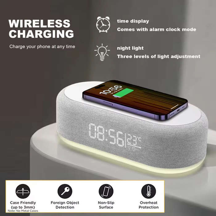 White - 4-In-1 Desktop Clock USB Wireless Charging Night Light Thermometer Alarm Clock Wireless Char