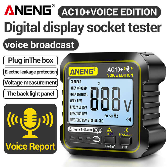 US Plug - ANENG AC10+ Digital Display Socket with LCD Screen Voice Broadcast Leakage Protection Phas