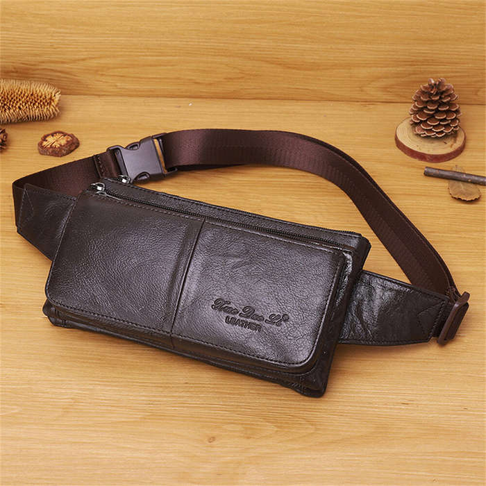 Coffee - Ekphero Men Genuine Leather Waist Bag Large Capacity Three-layer Zipper Single Shoulder Bag