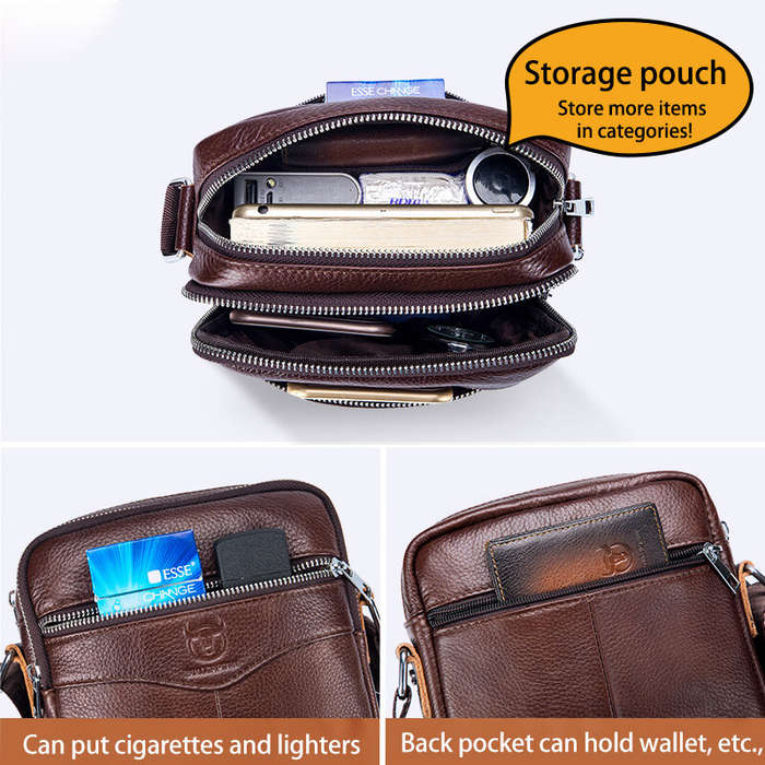 Black - BULLCAPTAI Genuine Leather Men's Shoulder Bag Cowhide Messenger Bags Fashion Male Causal Sma