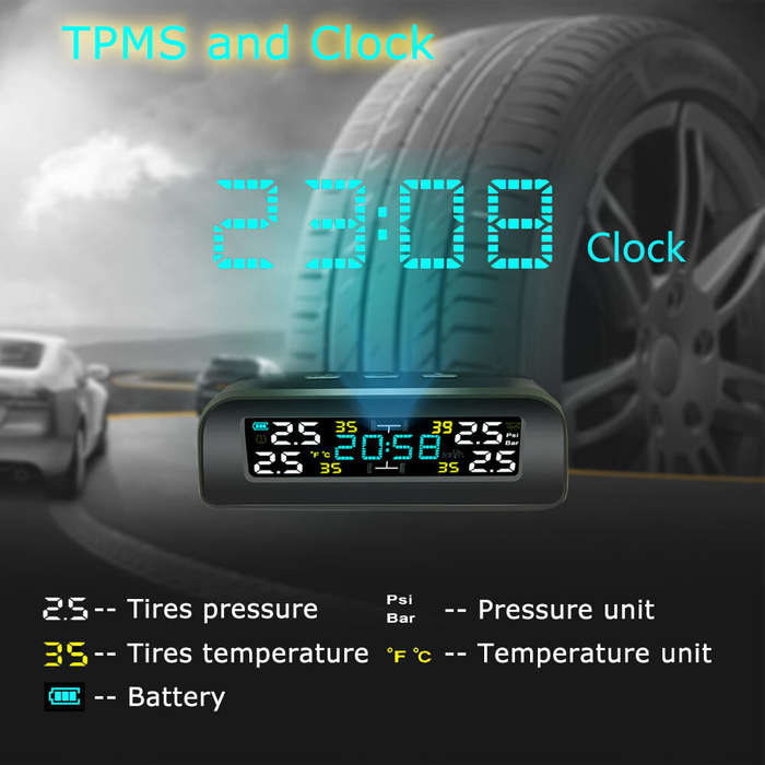 1 - Tire Pressure Monitoring System Solar Clock LCD Display Car TPMS Wireless Tire Pressure Monitori