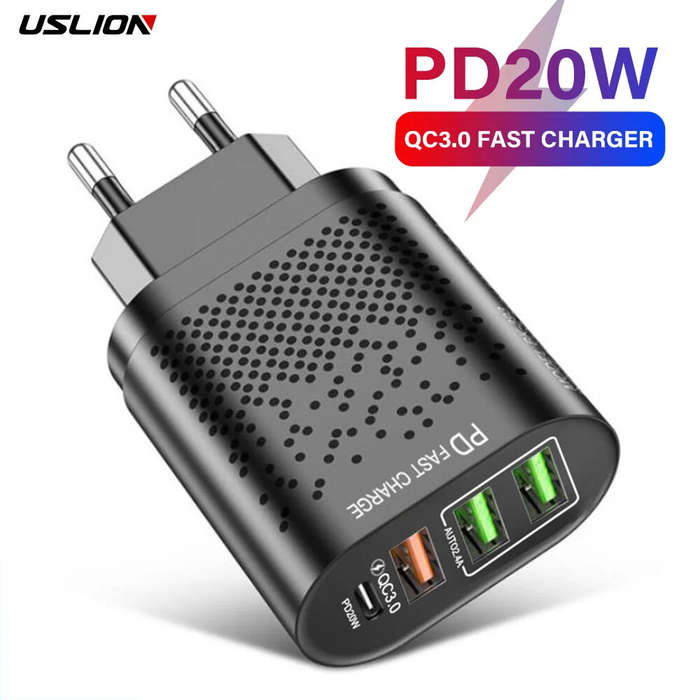 Black - USLION 375-PD PD20W 4-Port USB PD Charger 3USB-A+USB-C PD QC3.0 Support AFC FCP Fast Chargin